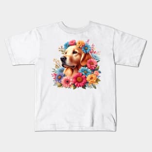 A golden retriever with beautiful colorful flowers Kids T-Shirt